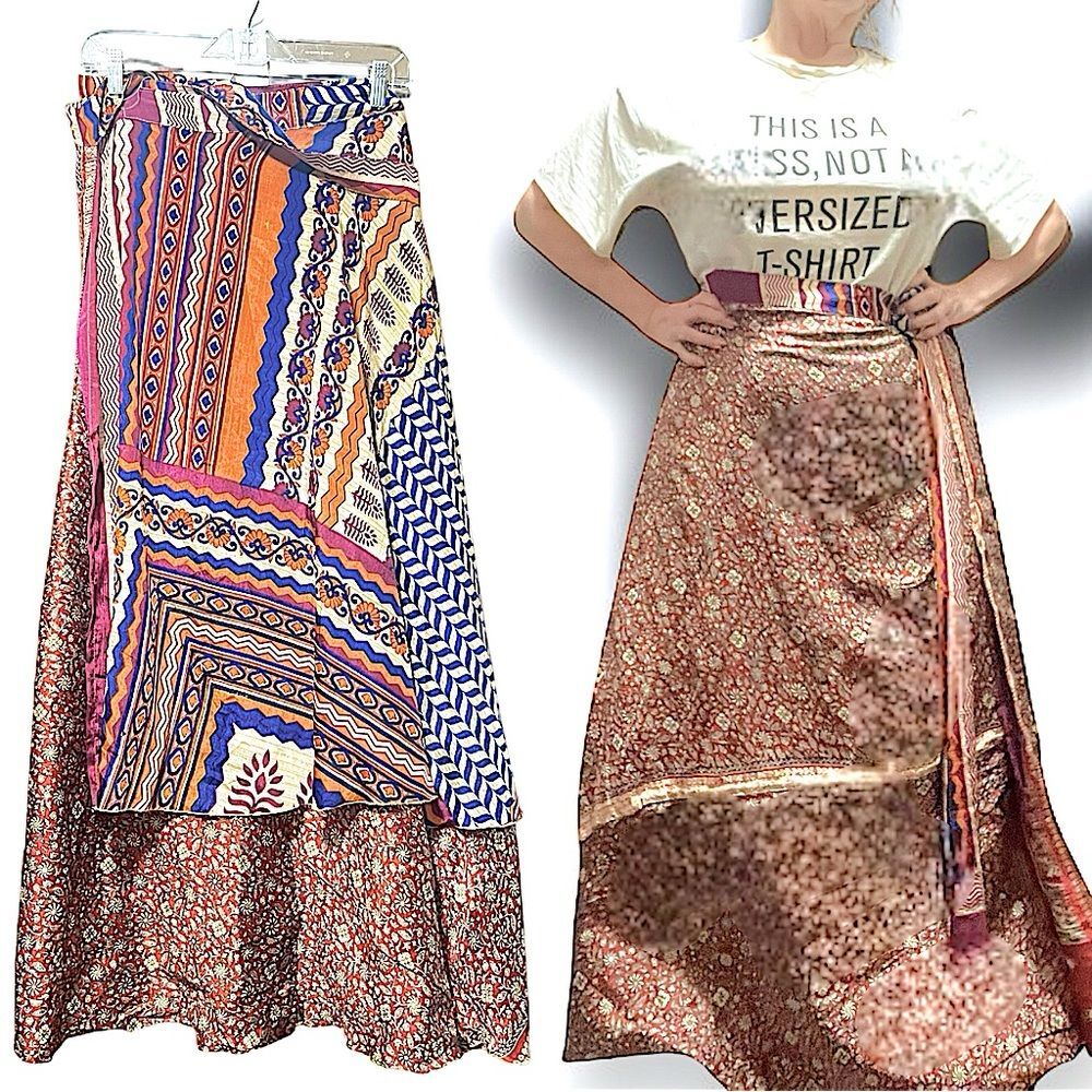 Earthbound Sari Collection Patchwork Floral Boho Hippie Maxi Wrap Skirt